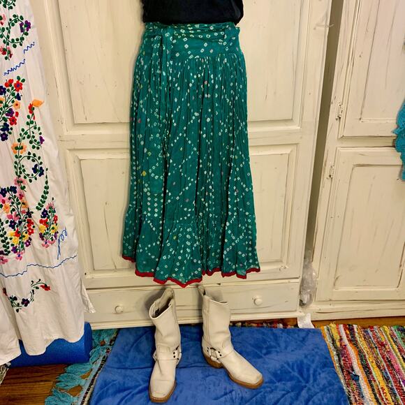 VINTAGE 70's SEVENTIES ADINI COTTON BLOCK PRINT WRAP SKIRT S FESTIVAL BOHO! - Picture 4 of 9